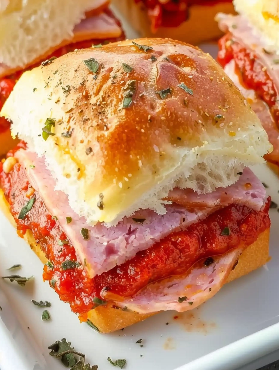 A hot Italian sub slider with meat and sauce.