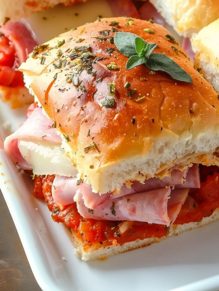 A hot Italian sub slider with ham, cheese, and tomatoes.