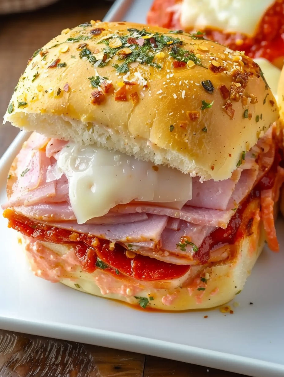 A hot Italian sub slider with meat, cheese, and sauce.