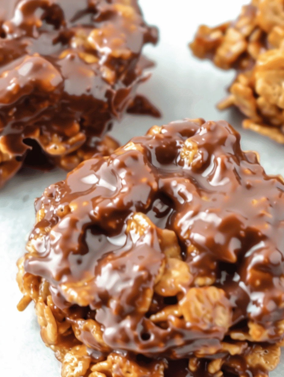 A close up of a delicious chocolate covered cornflake treat.