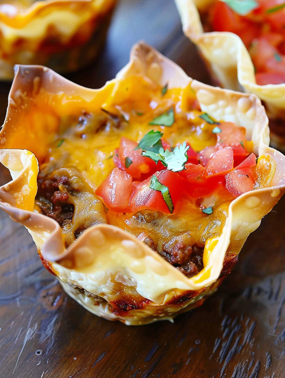 A crunchy taco cup filled with meat and tomatoes.