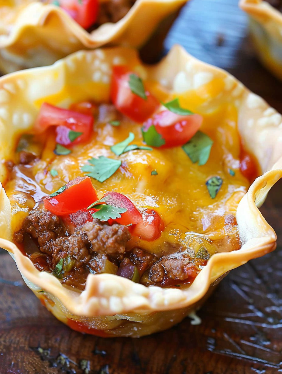 A crunchy taco cup filled with meat and tomatoes.