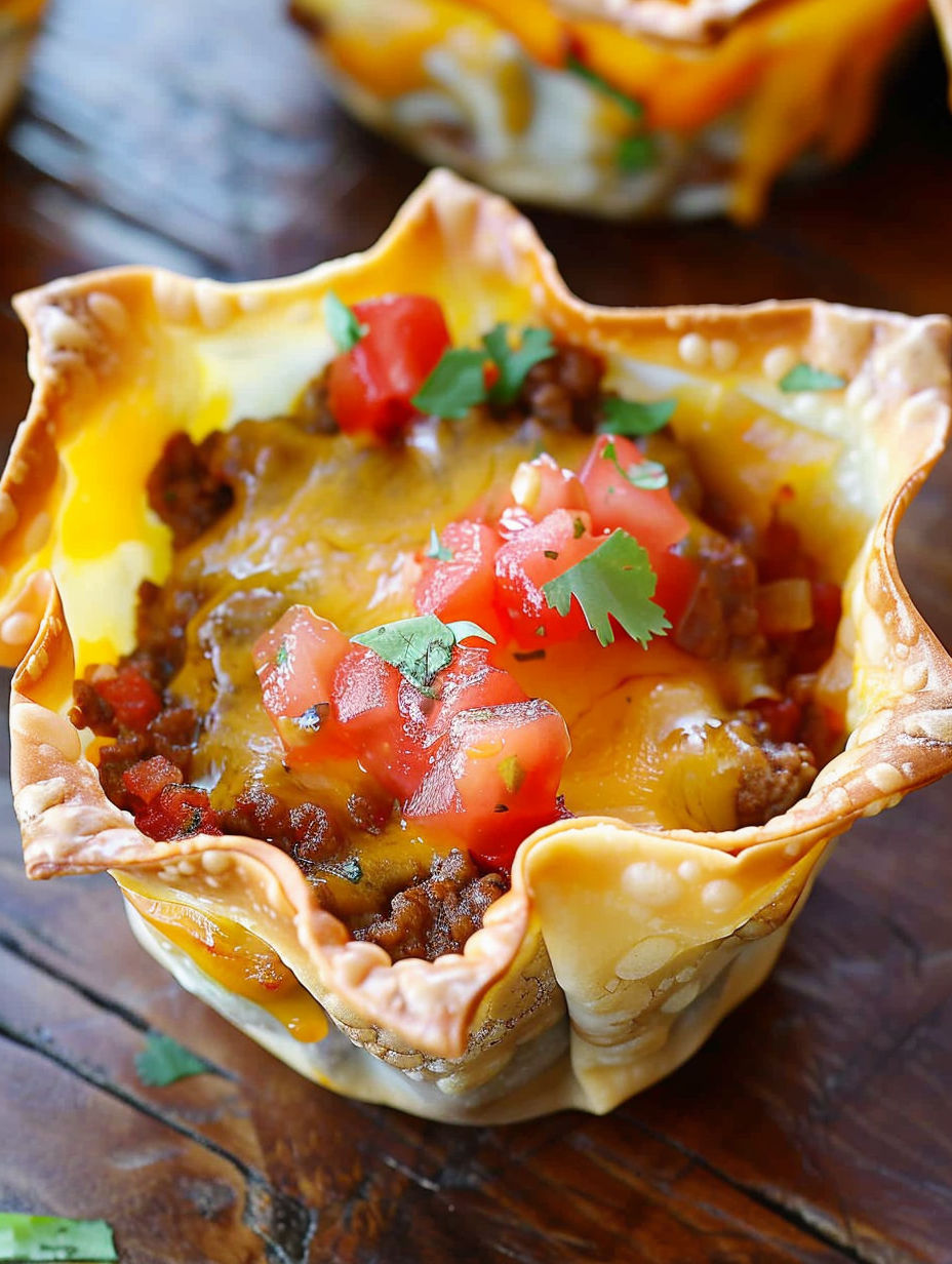 A crunchy taco cup with meat and tomatoes.