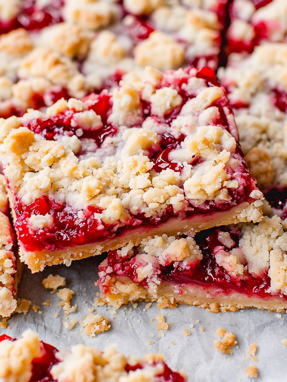 A close up of a cherry crumble bar.