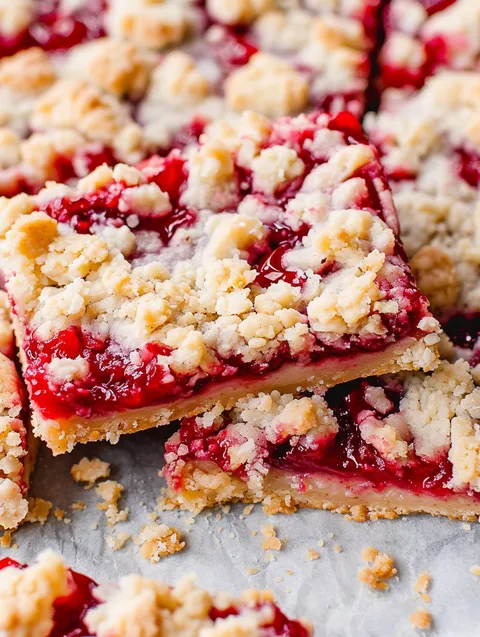 A close up of a cherry crumble bar.