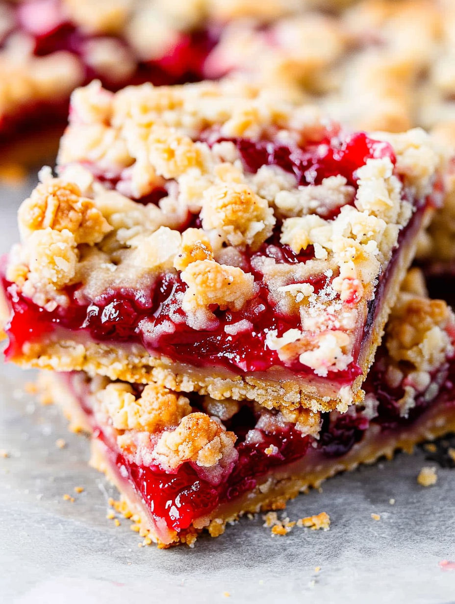 A close up of a cherry crumble bar.