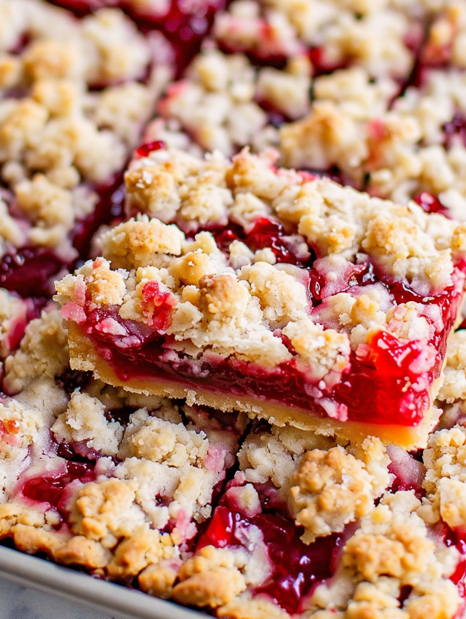 A close up of a cherry crumble bar.