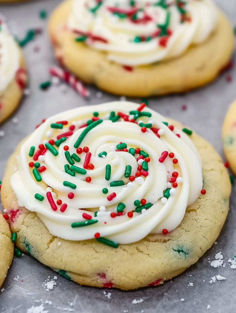 A cookie with white frosting and green and red sprinkles.