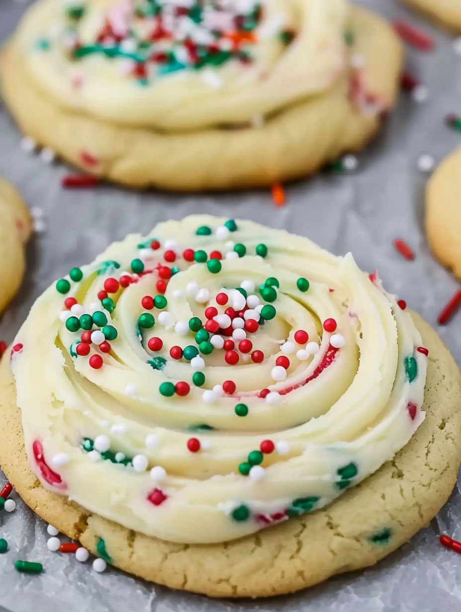 A white frosted cookie with red and green sprinkles.