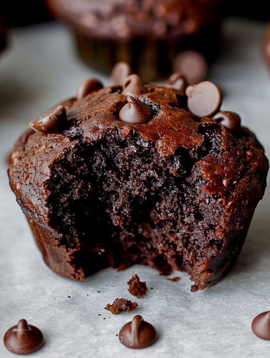 A chocolate muffin with chocolate chips.
