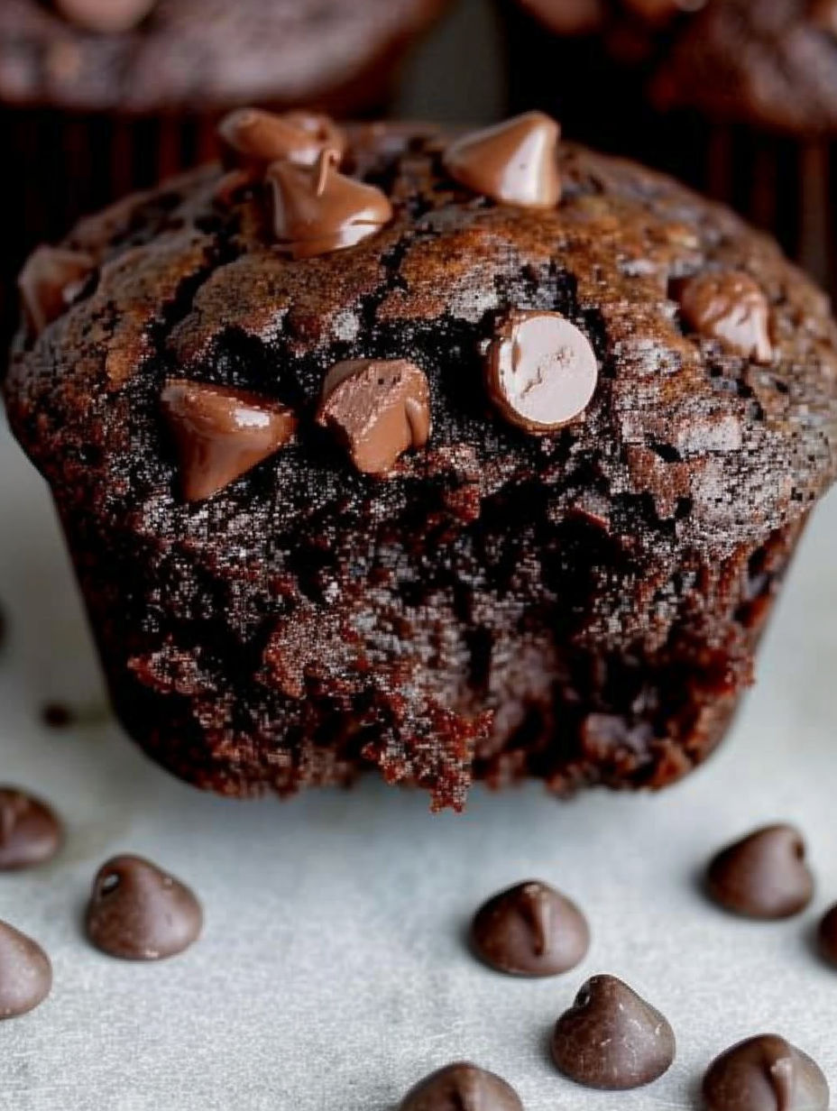 A close up of a chocolate muffin with chocolate chips on top.