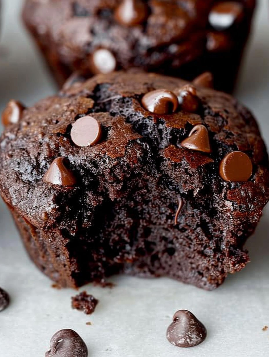 A close up of a chocolate muffin with chocolate chips on top.