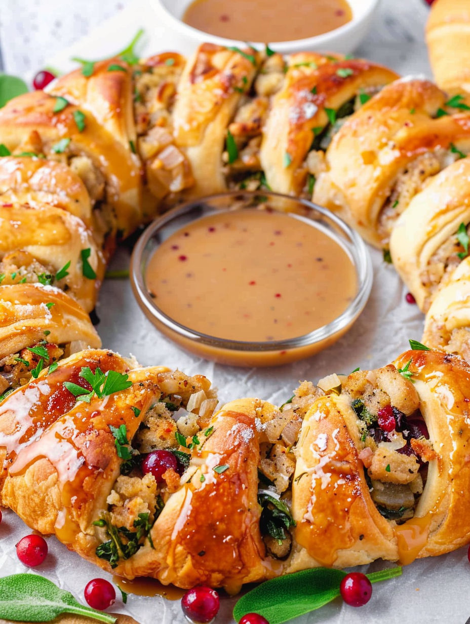 A bowl of sauce with a pastry in front of it.