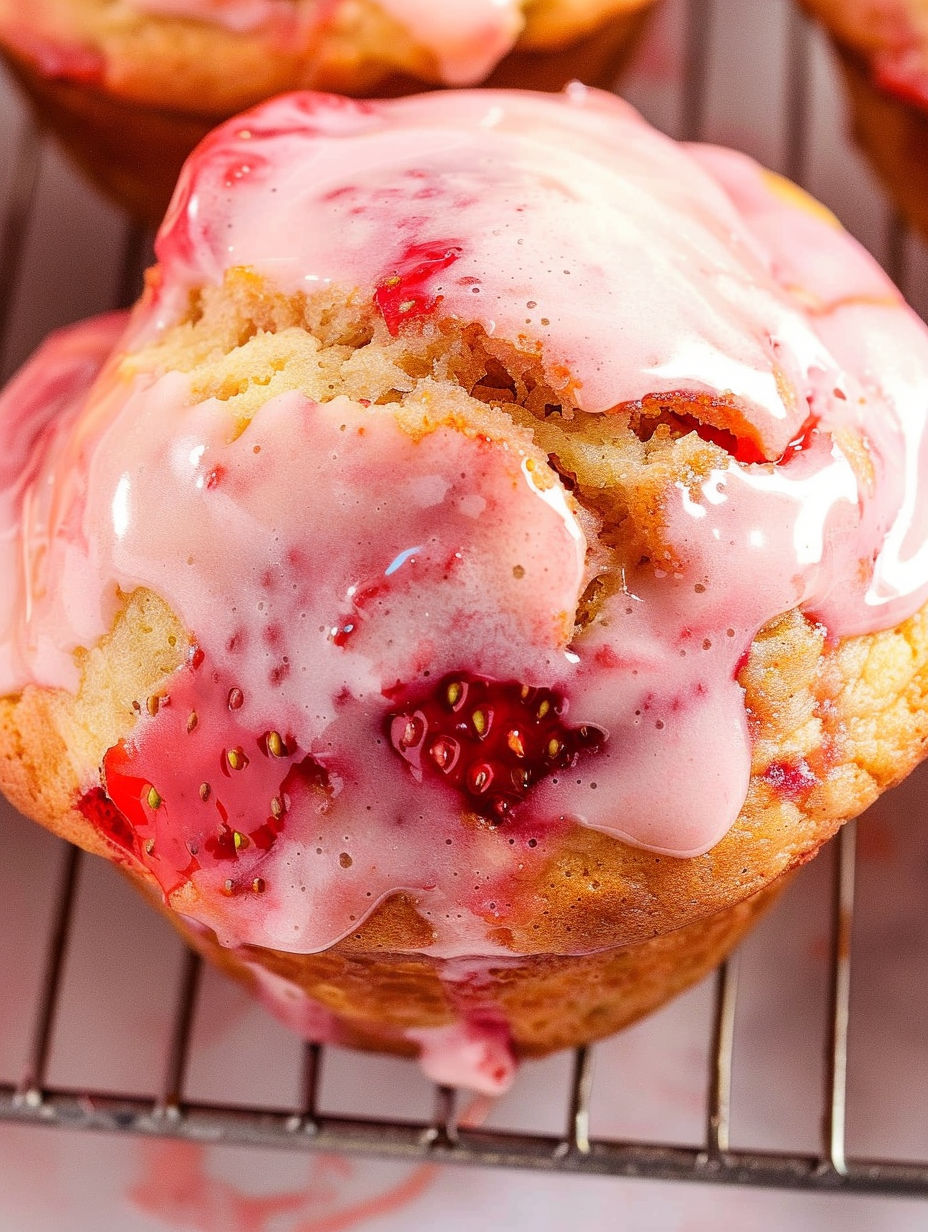 A muffin with strawberry jam on top.