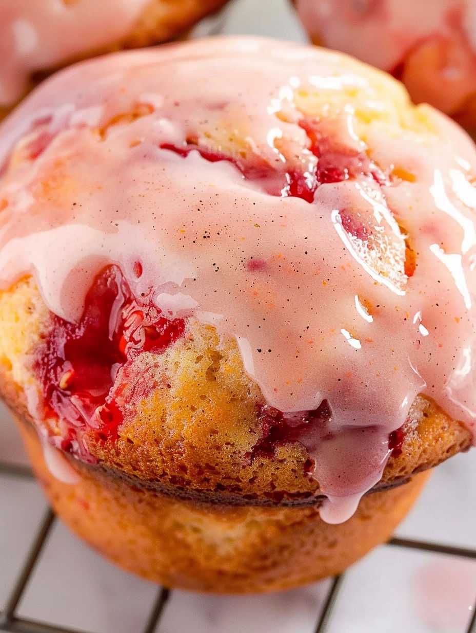 A muffin with strawberry jam on top.