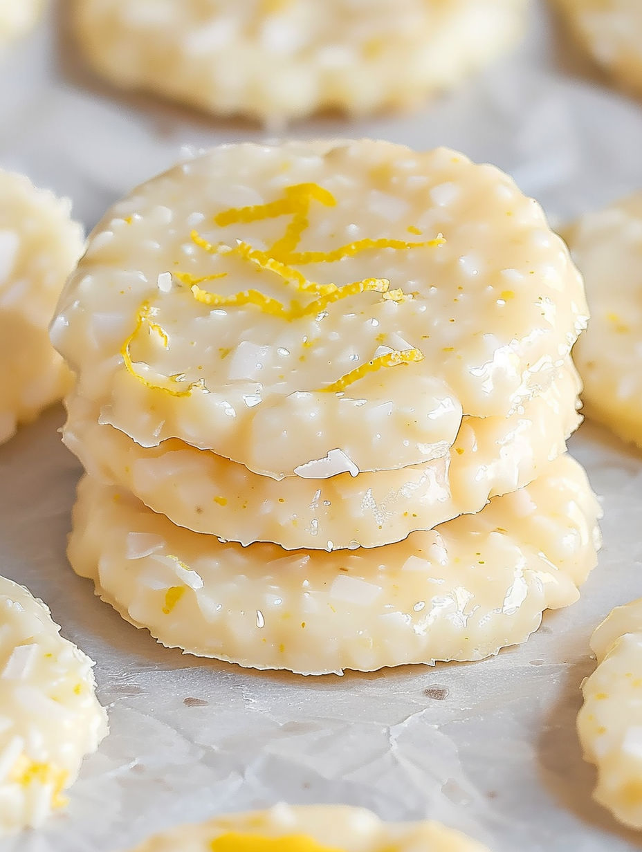 Three stacked cookies with a lemon flavor.