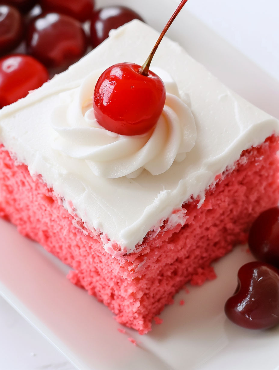 A slice of cake with a cherry on top.