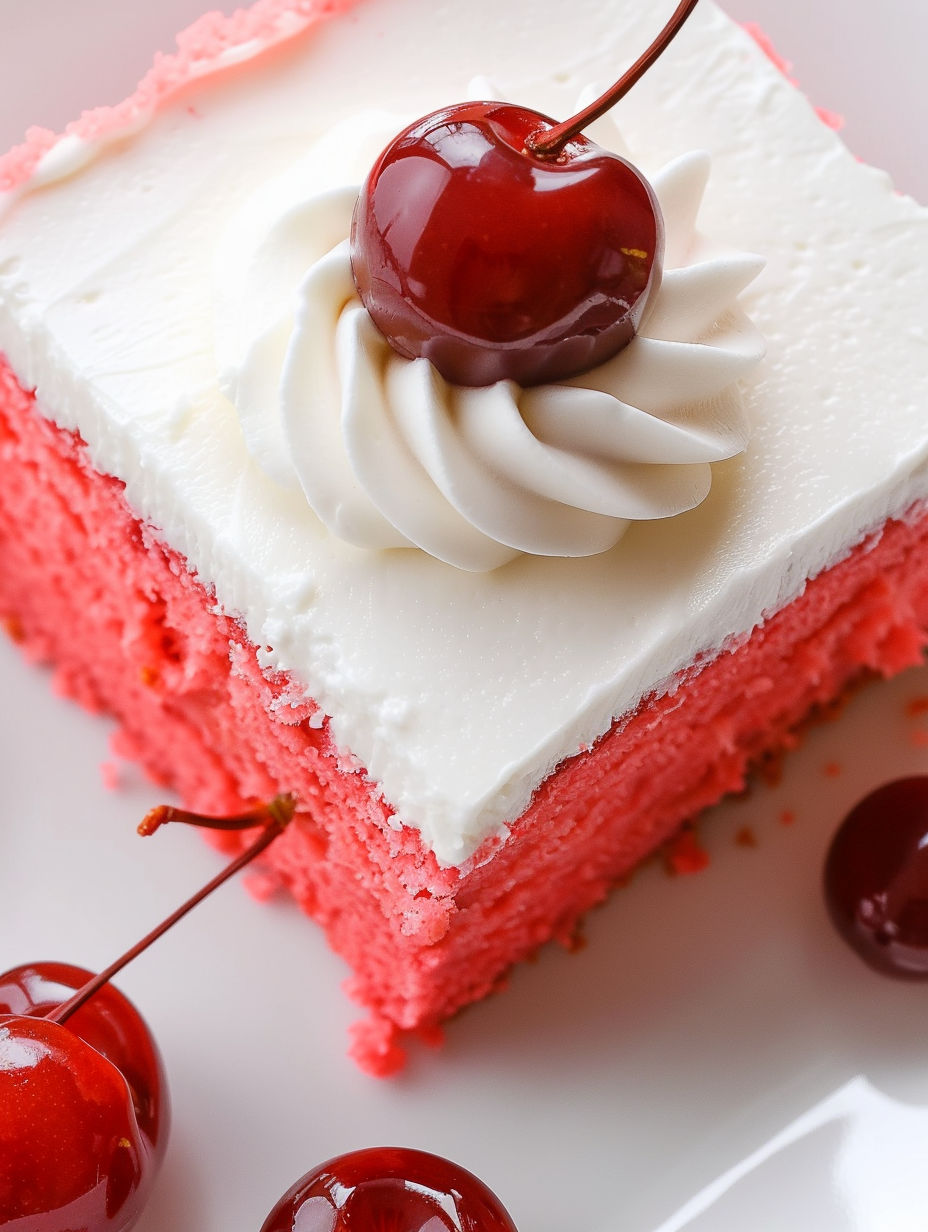 A slice of cake with a cherry on top.