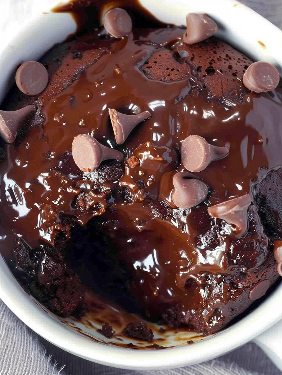 A bowl of chocolate fudge cake with chocolate chips on top.