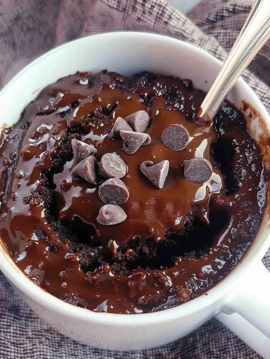 A cup of chocolate fudge cake with chocolate chips on top.