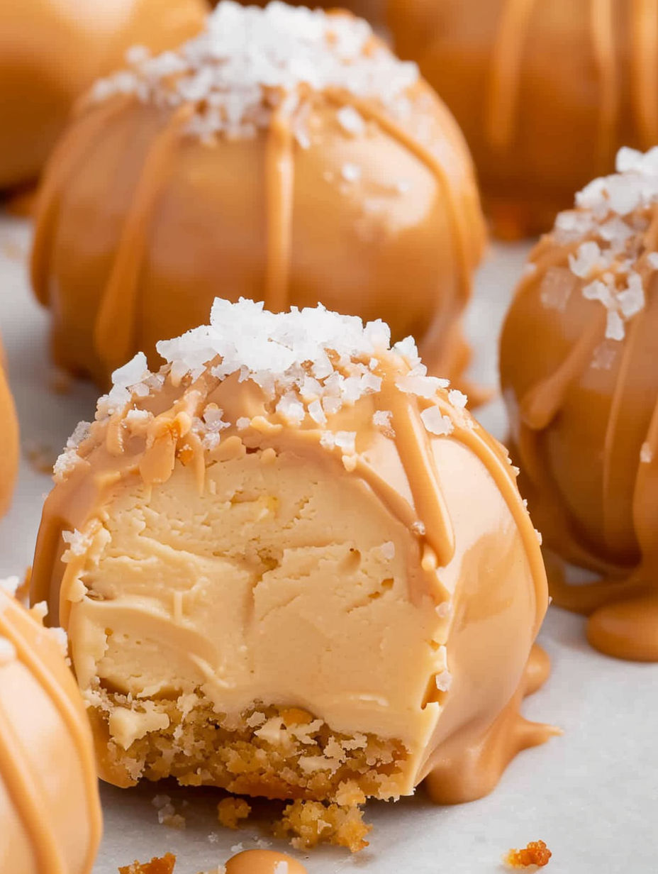 Caramel cheesecake bites with a dusting of powdered sugar.