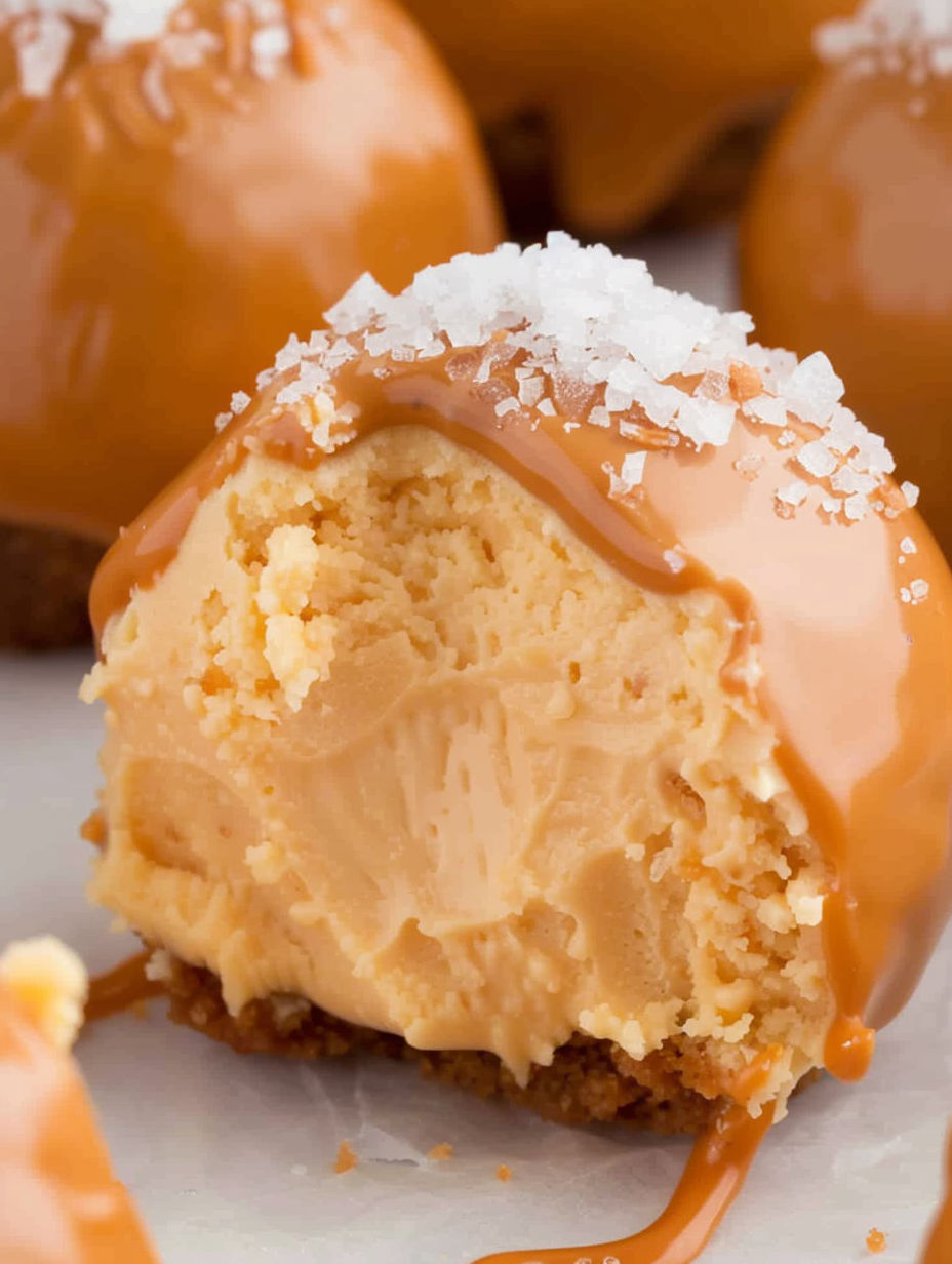 A close up of a caramel cheesecake bite.