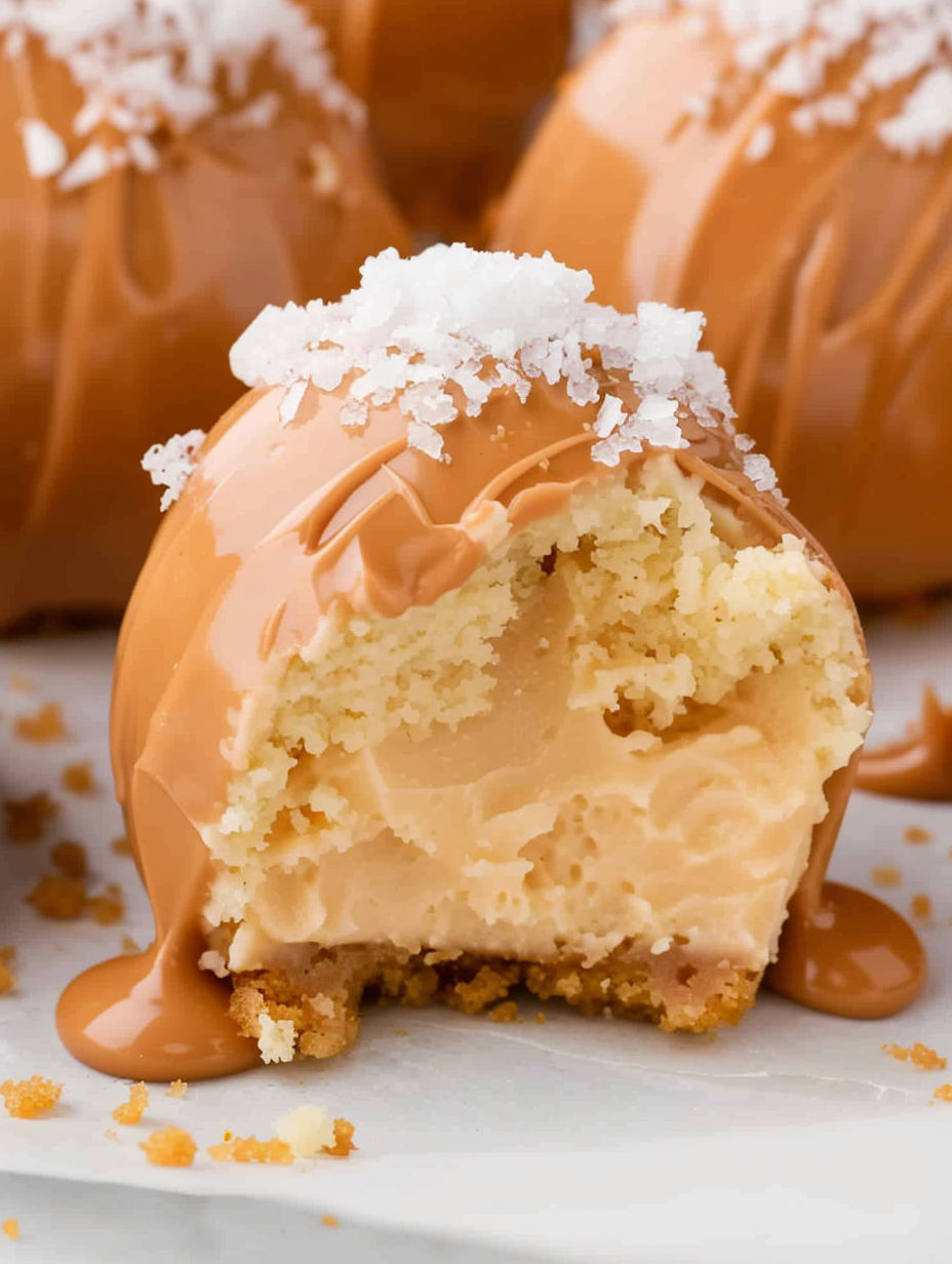 A piece of caramel cheesecake with a bite taken out of it.