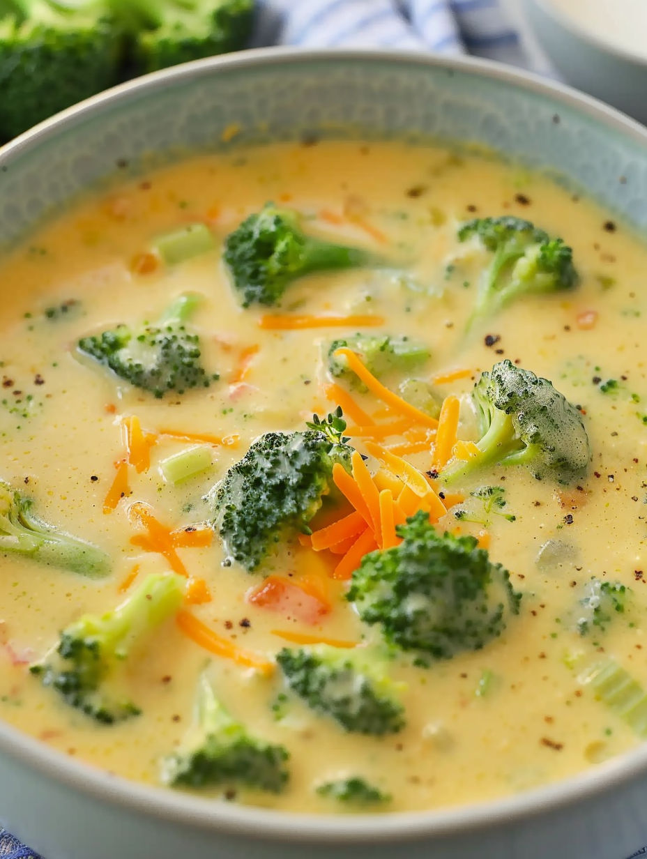 A bowl of soup with broccoli and cheese.
