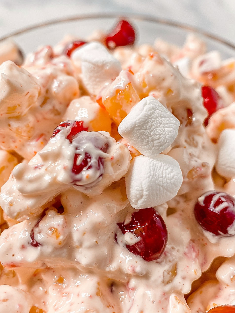 A close up of a cherry fluff dessert.