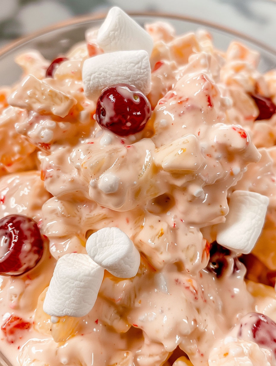 A bowl of cherry fluff dessert.