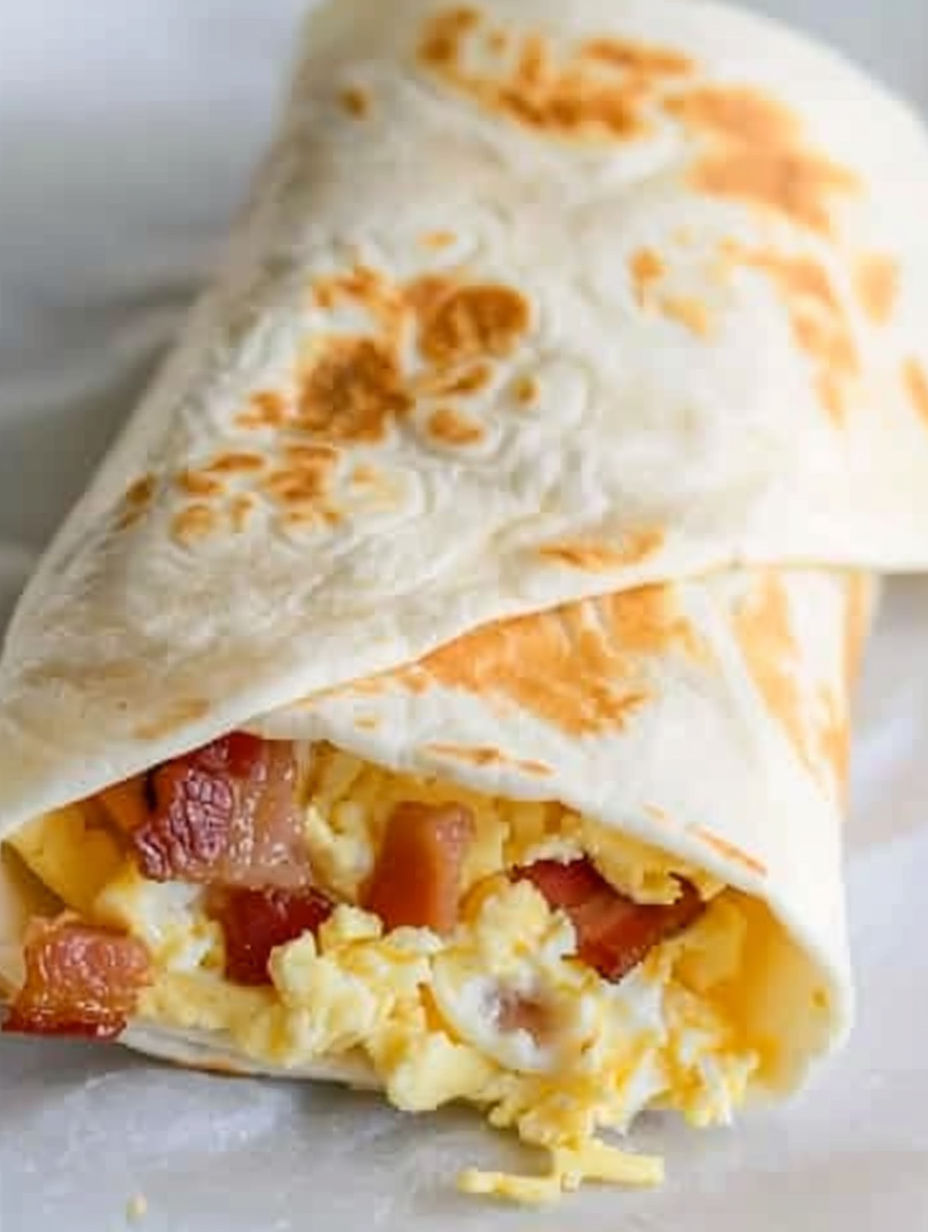 A burrito filled with bacon, eggs, and cheese.
