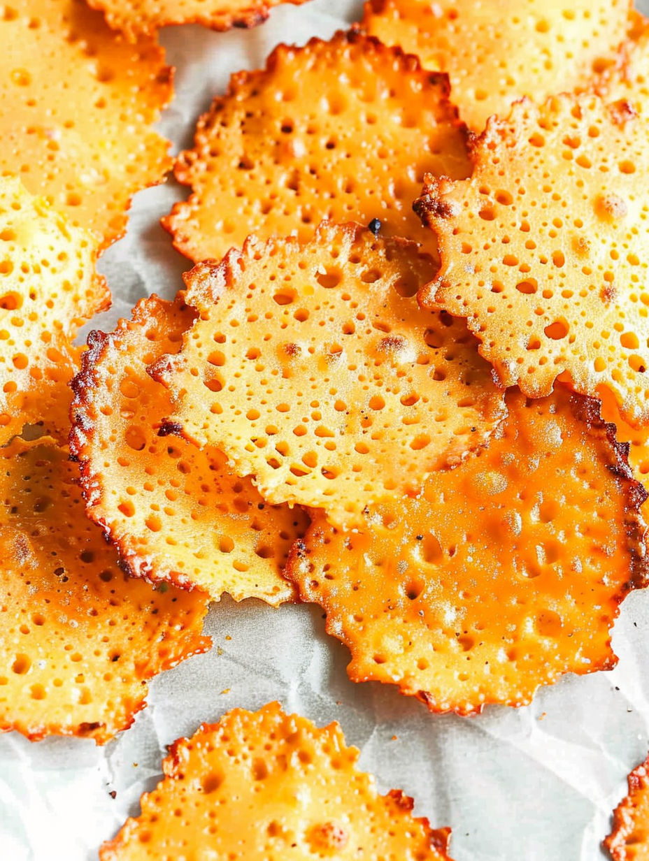Baked cheese crisps on a white plate.