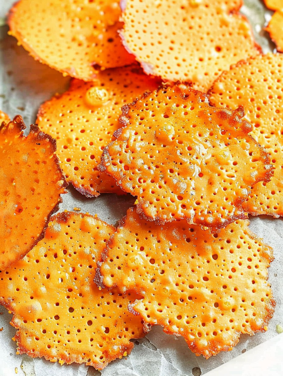 Baked cheese crisps on a table.