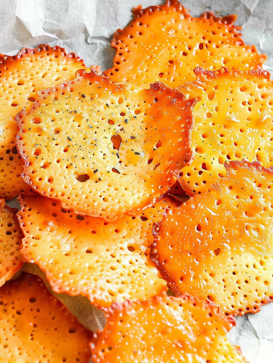 Baked cheese crisps on a table.