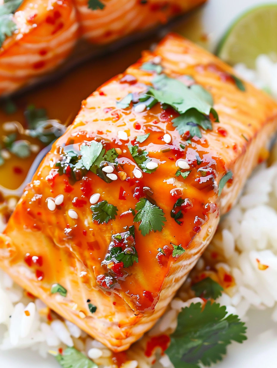 A piece of salmon with a sweet chili sauce.