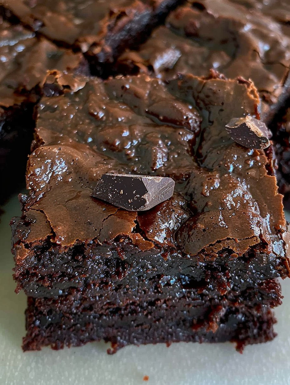 A slice of chocolate cake with chocolate chips on top.