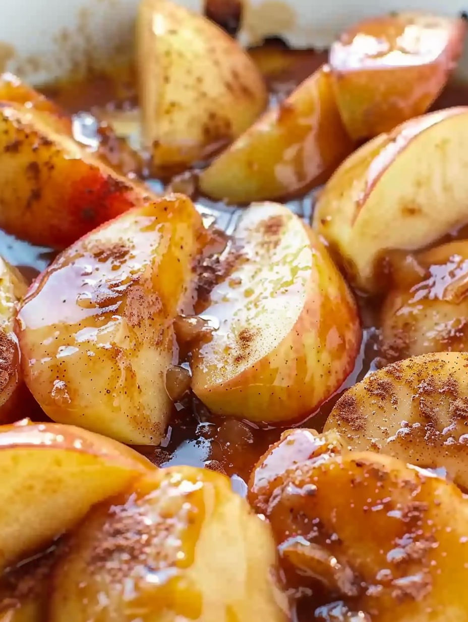 A close up of baked apples in a pan.