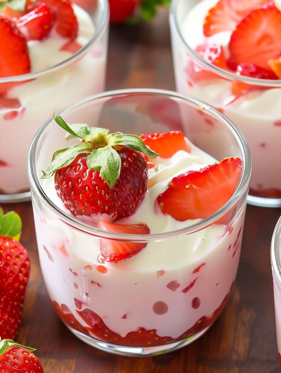 A glass of strawberry yogurt with a strawberry on top.