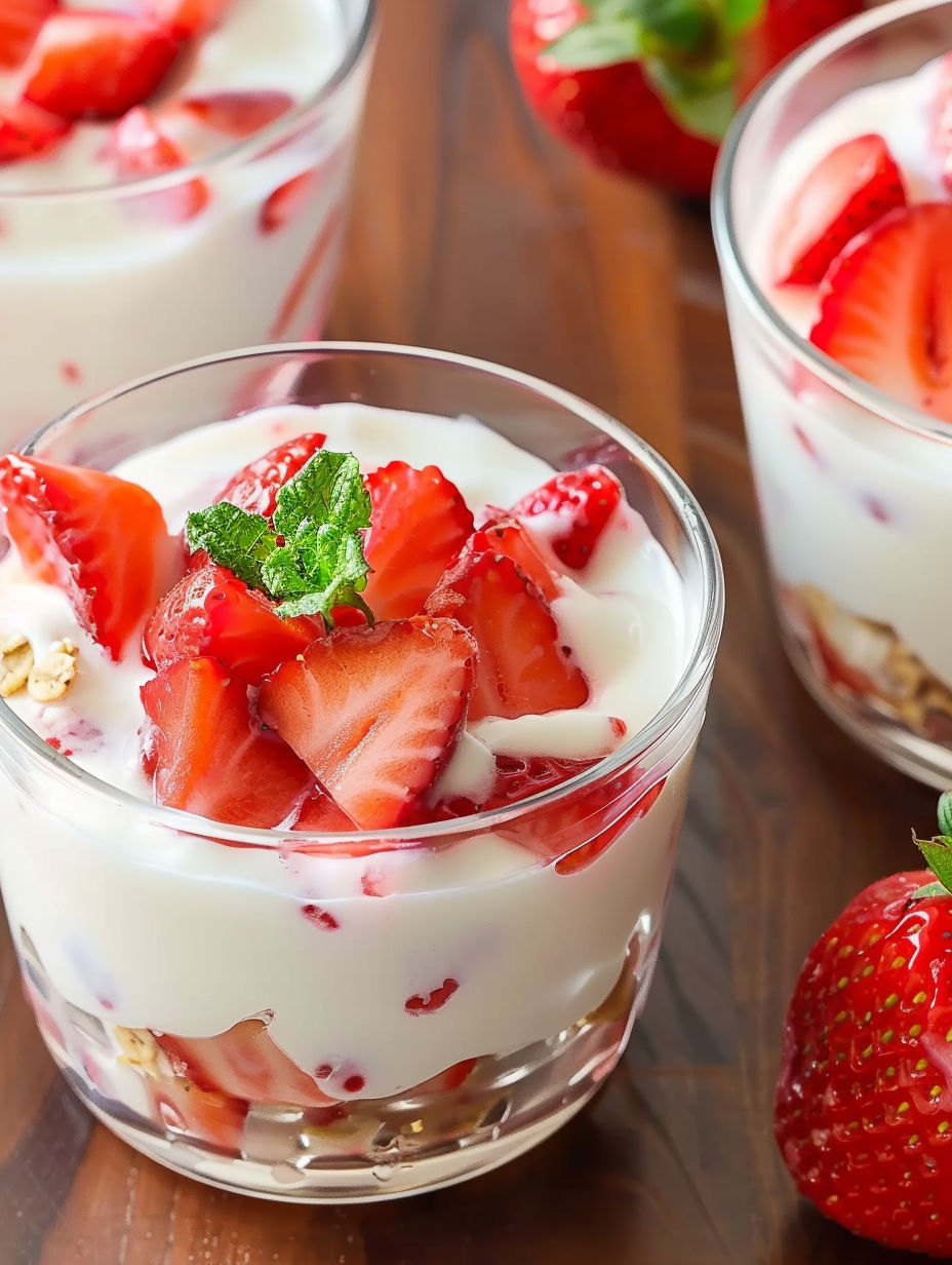A glass of strawberry yogurt with a strawberry on top.