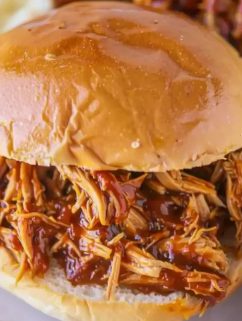 A close up of a pulled pork sandwich.