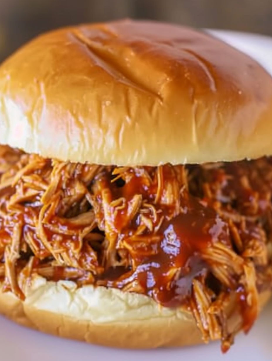 A close up of a pulled pork sandwich.