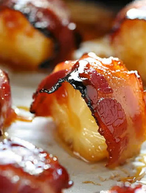 Bacon wrapped pineapple bites on a plate.