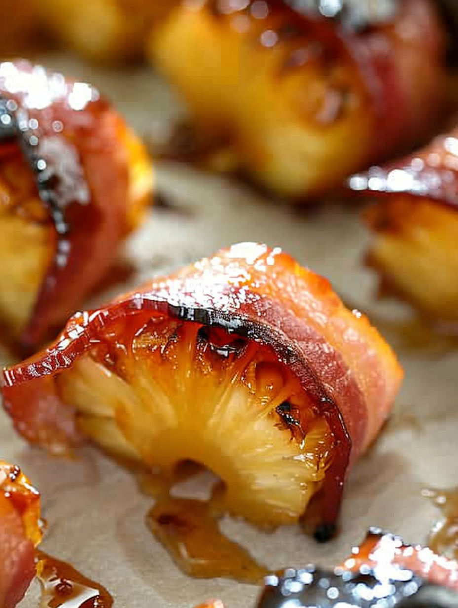 Bacon wrapped pineapple bites on a paper towel.