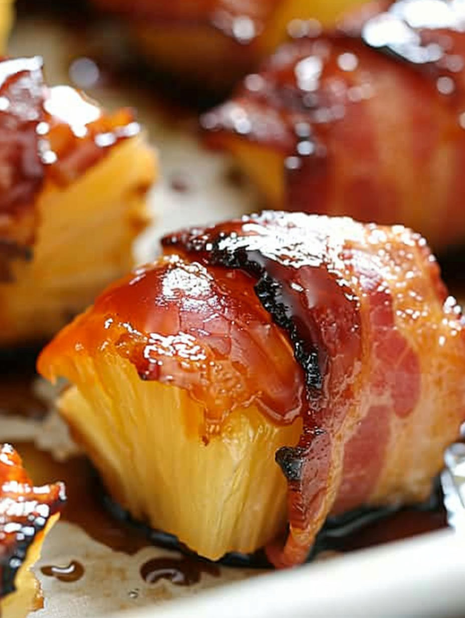Bacon wrapped pineapple bites on a plate.