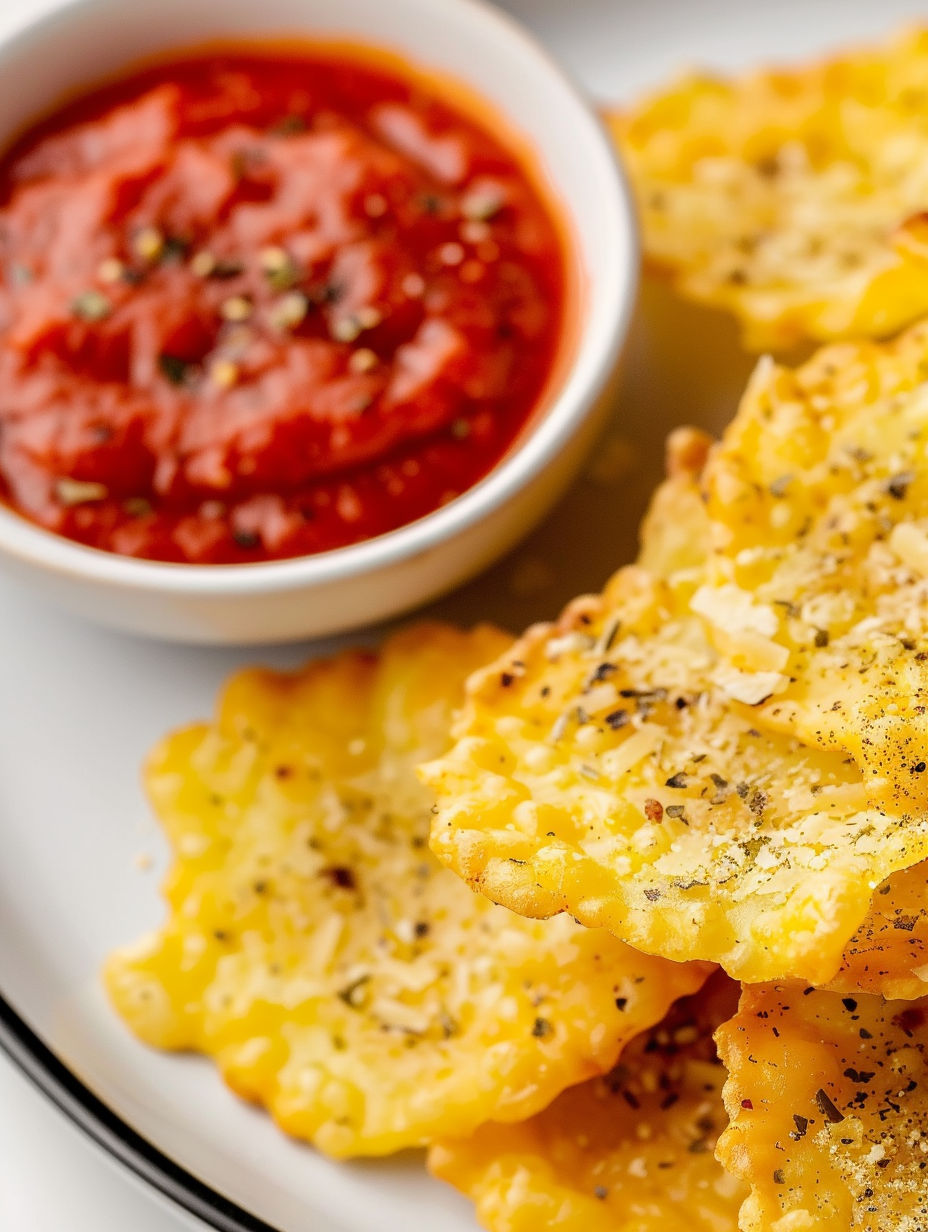 A bowl of cheese crisps with a red sauce.