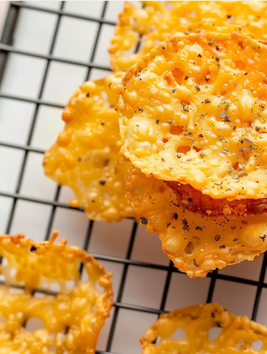 Baked cheese crisps on a wire rack.