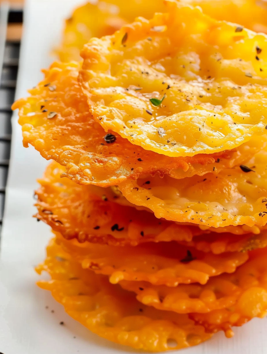 Baked cheese crisps on a white plate.