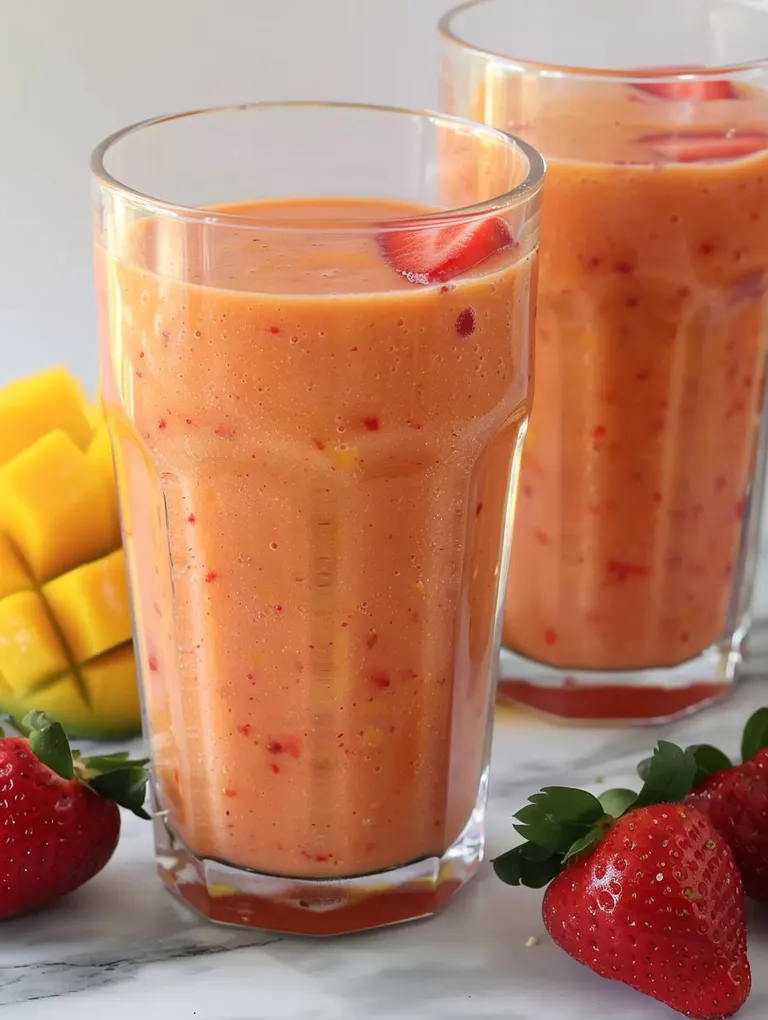 A glass of strawberry mango smoothie.