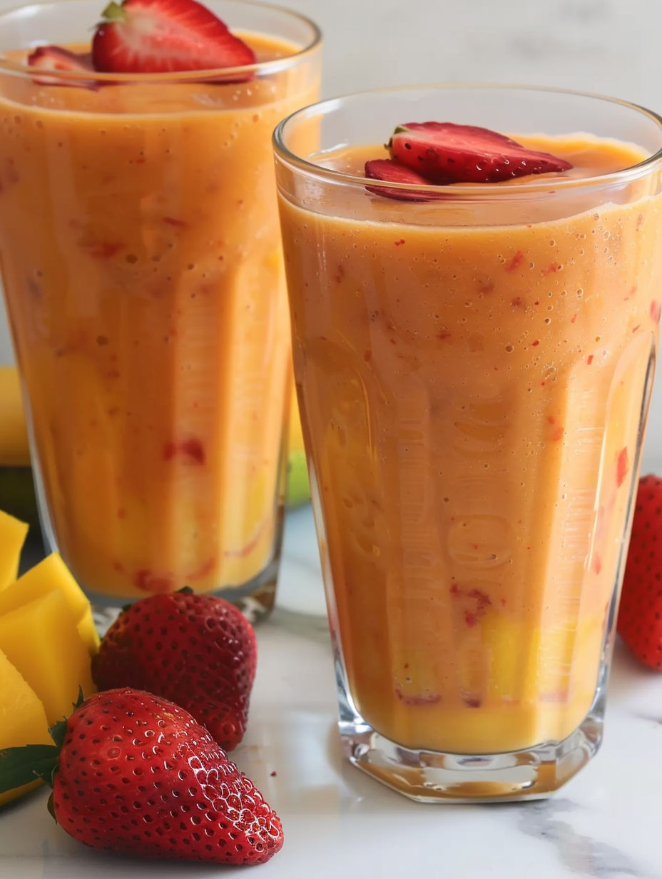 Two glasses of strawberry mango smoothie.