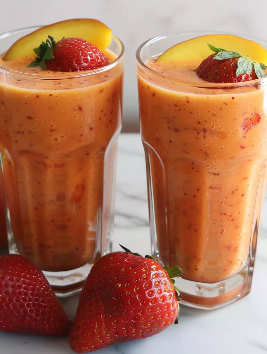 Two glasses of strawberry mango smoothie.